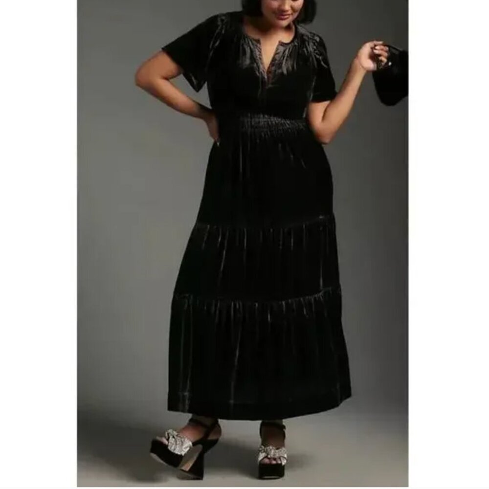 Anthropologie Somerset Velvet Dark Gray Gunmetal Maxi Dress Long Tiered XL - Picture 5 of 14